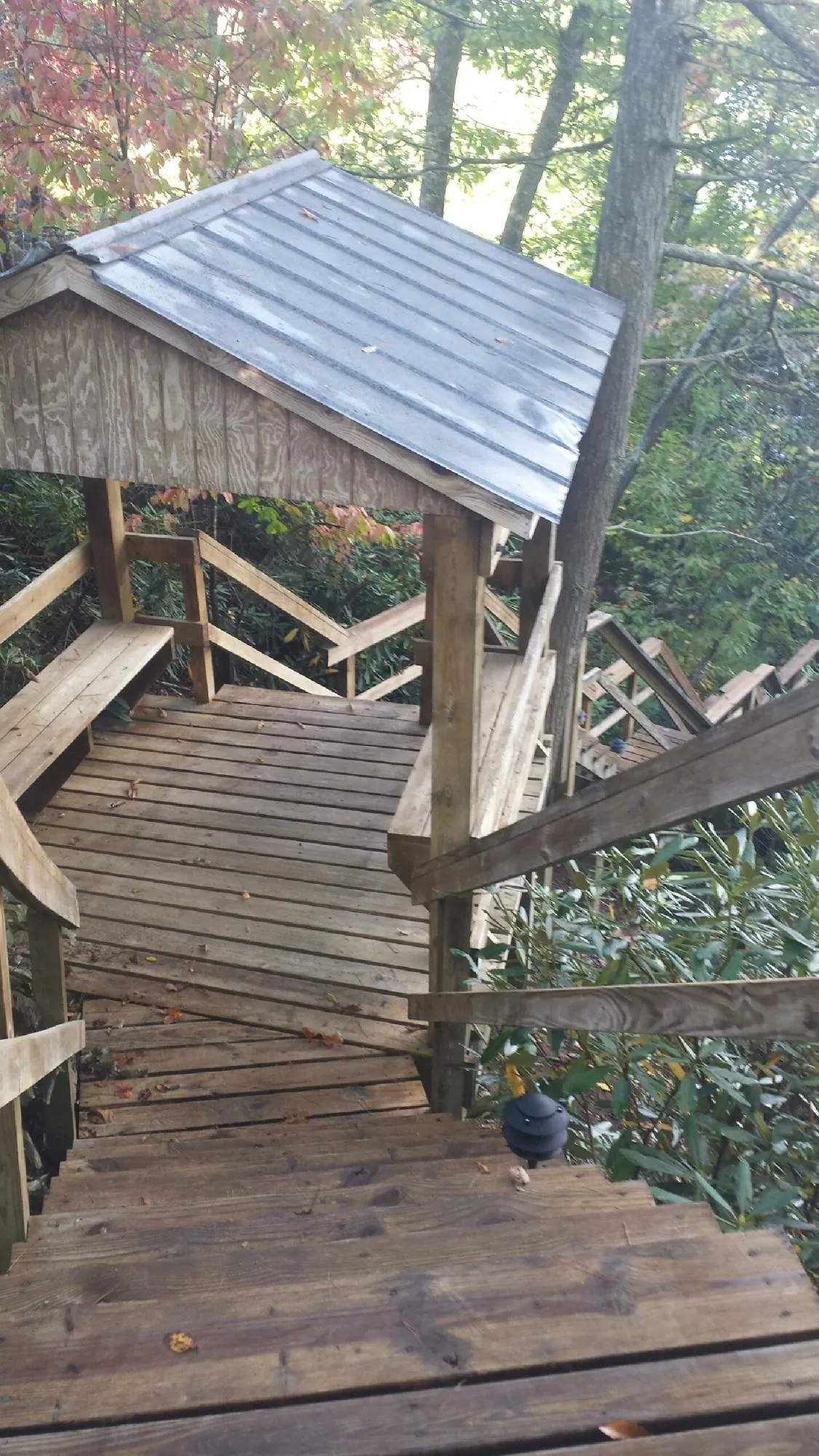 Metal roofed shelter over wooden steps on a wooded walkway — Skylight Repair & Installation work by our crew in Westcliffe